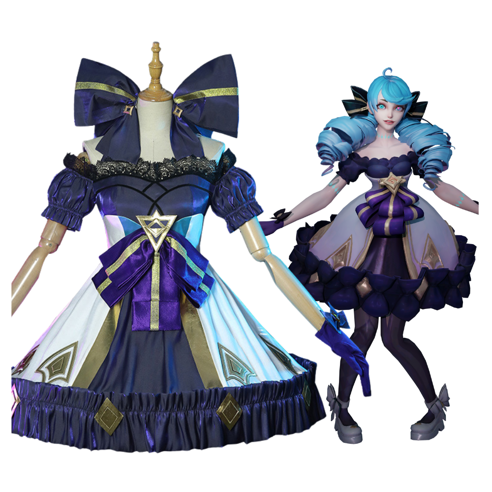 A League of Legends Gwen cosplay costume featuring a blue and purple fantasy outfit with a bow, corset, petticoat, and character-style shoes.