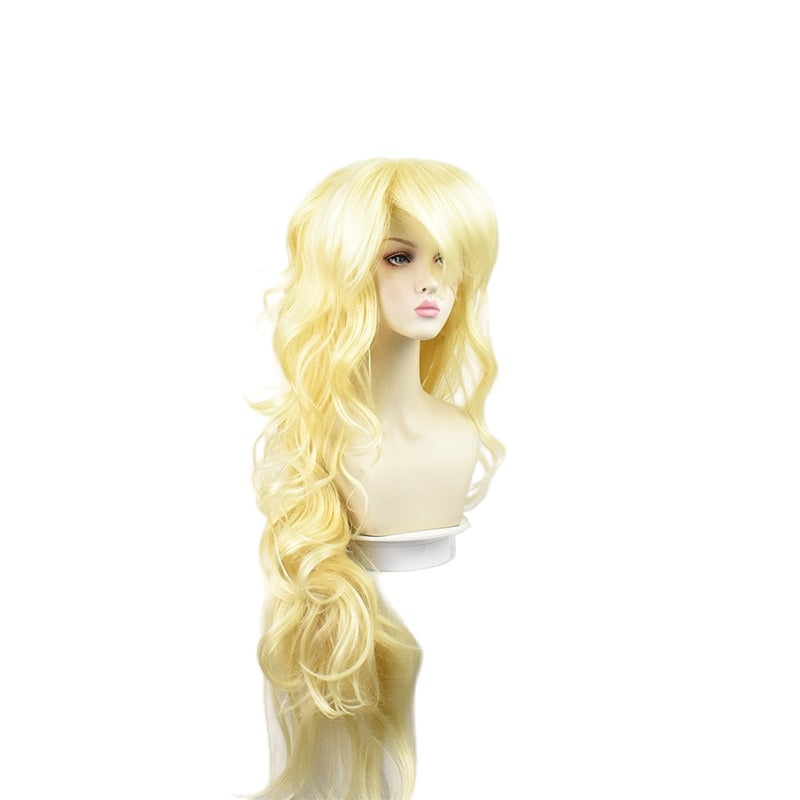 Blonde wig on a mannequin head against a white background
